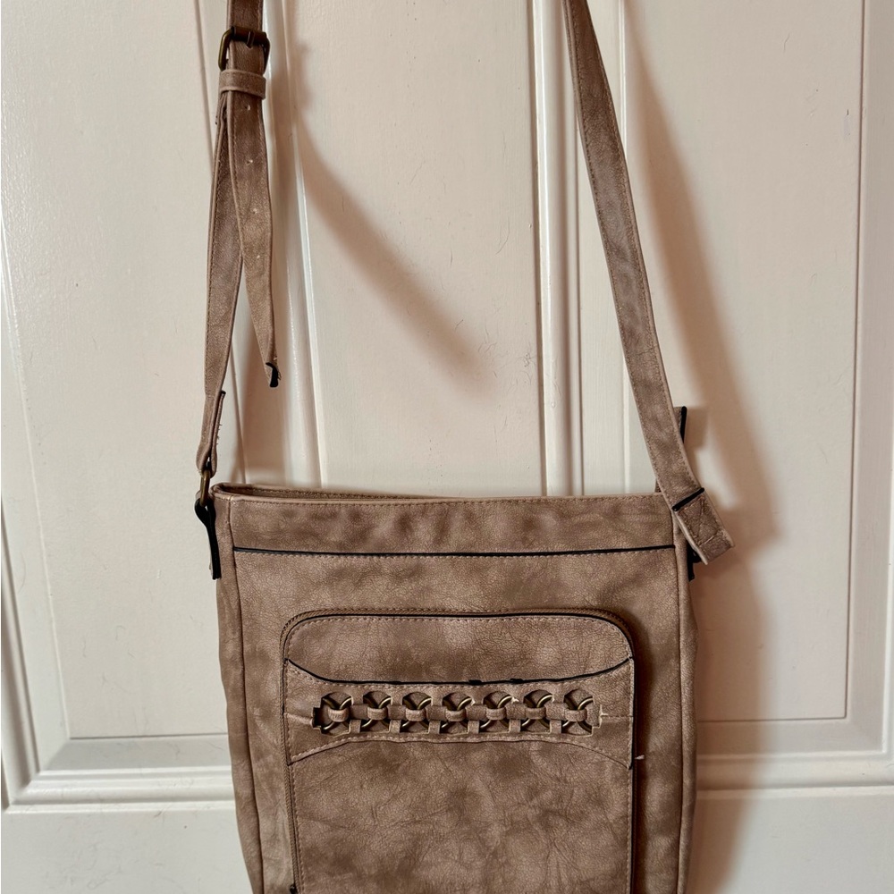 Cato Taupe Shoulder real leather Bag with Woven Detail